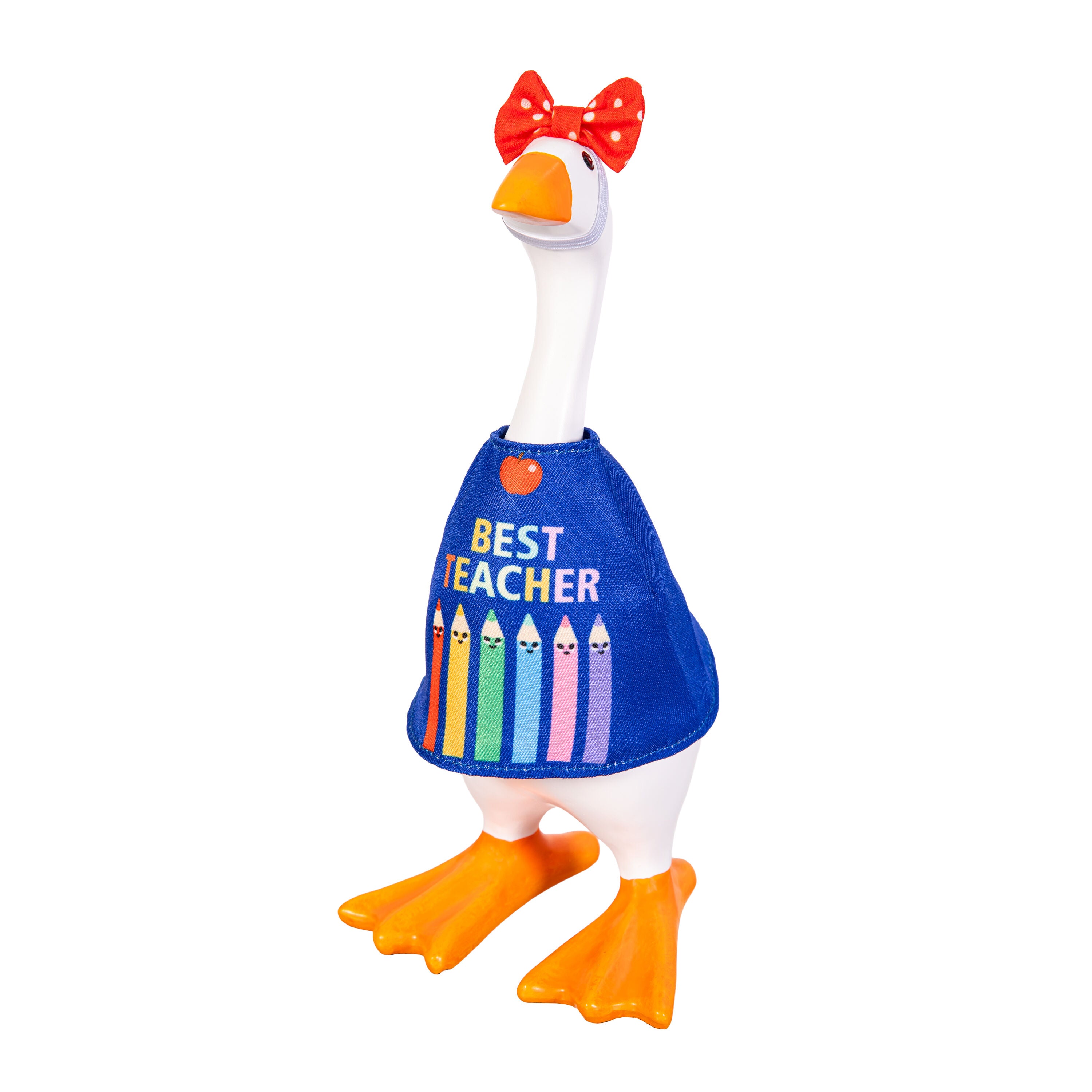 Tabletop fabric Gordy goose wearing the Teacher accessory set - alternate view