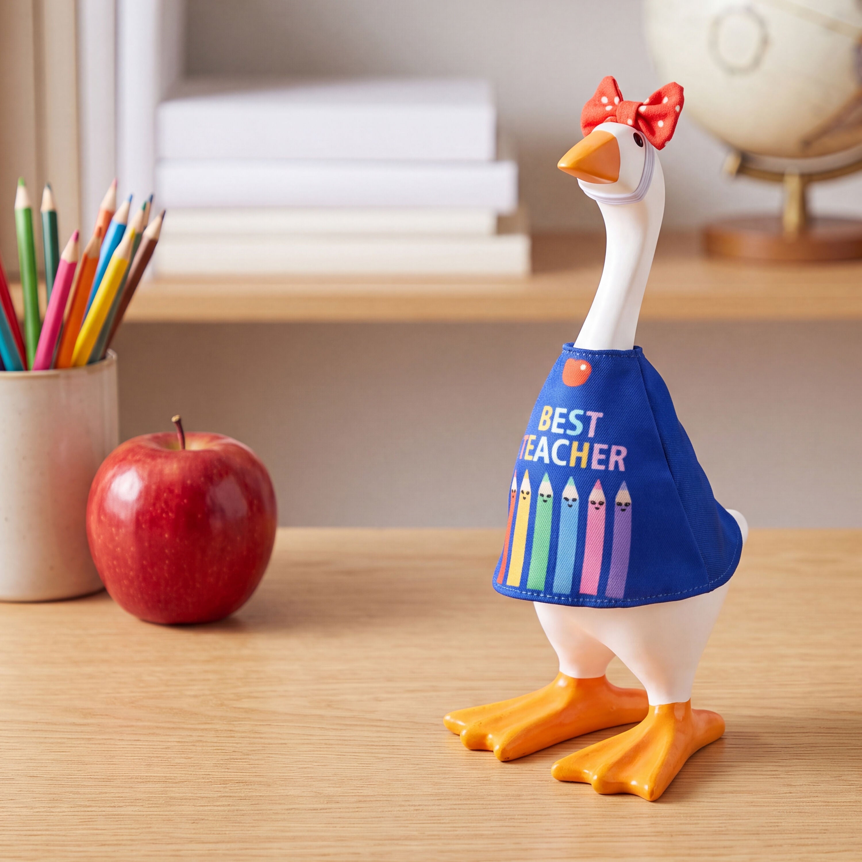 Tabletop fabric Gordy goose wearing the Teacher accessory set