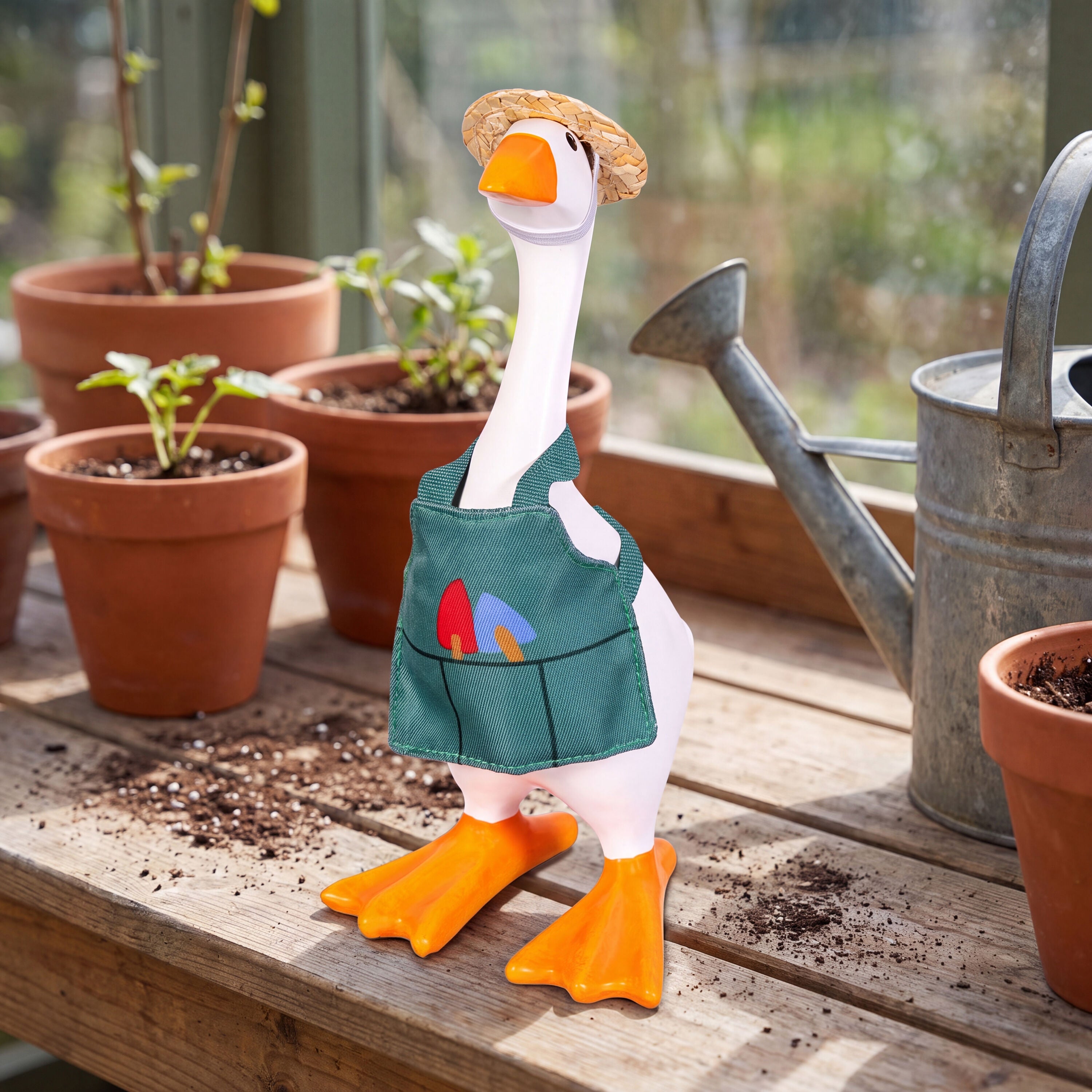 Tabletop fabric Gordy goose wearing the Gardener accessory set