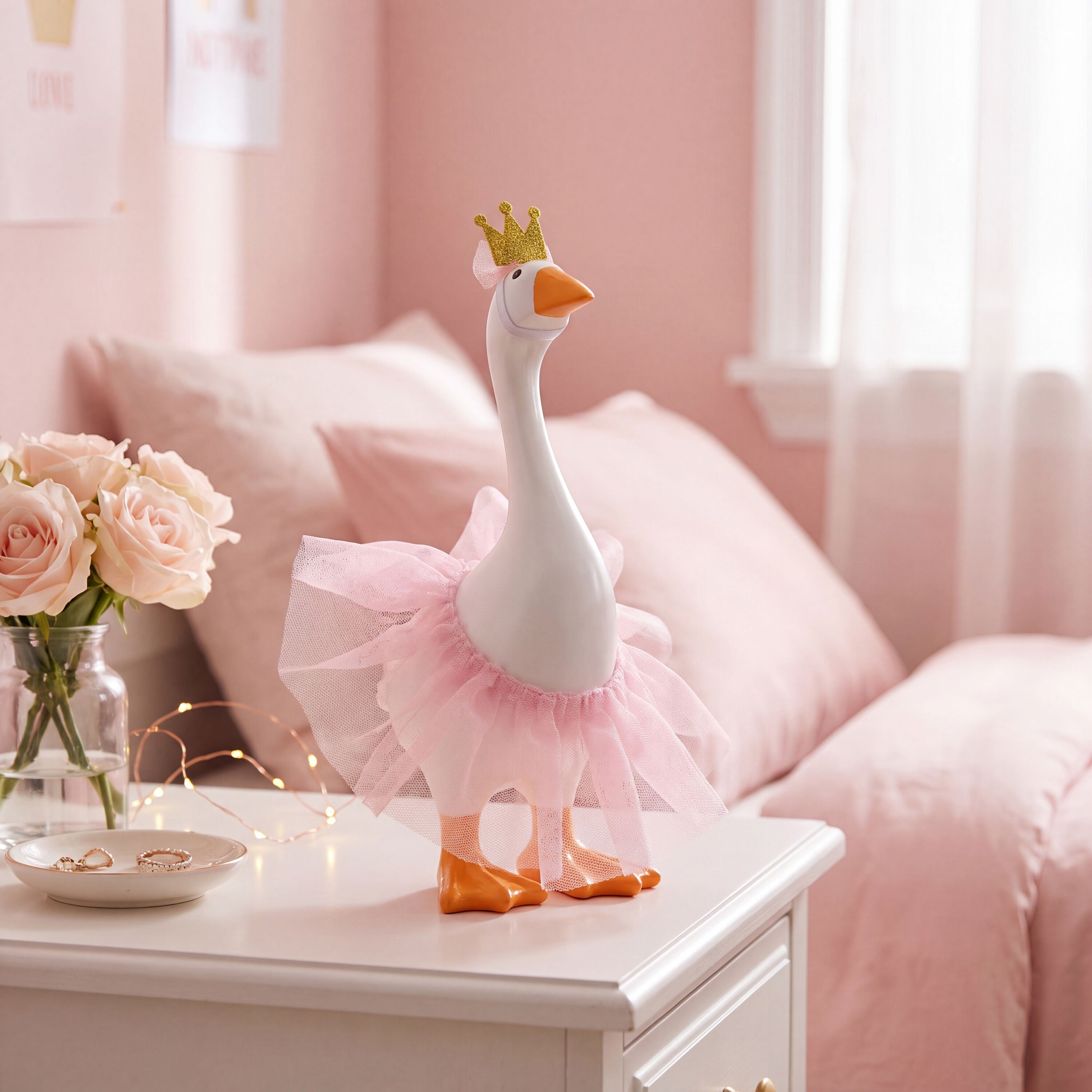 Tabletop fabric Gordy goose wearing the Princess accessory set