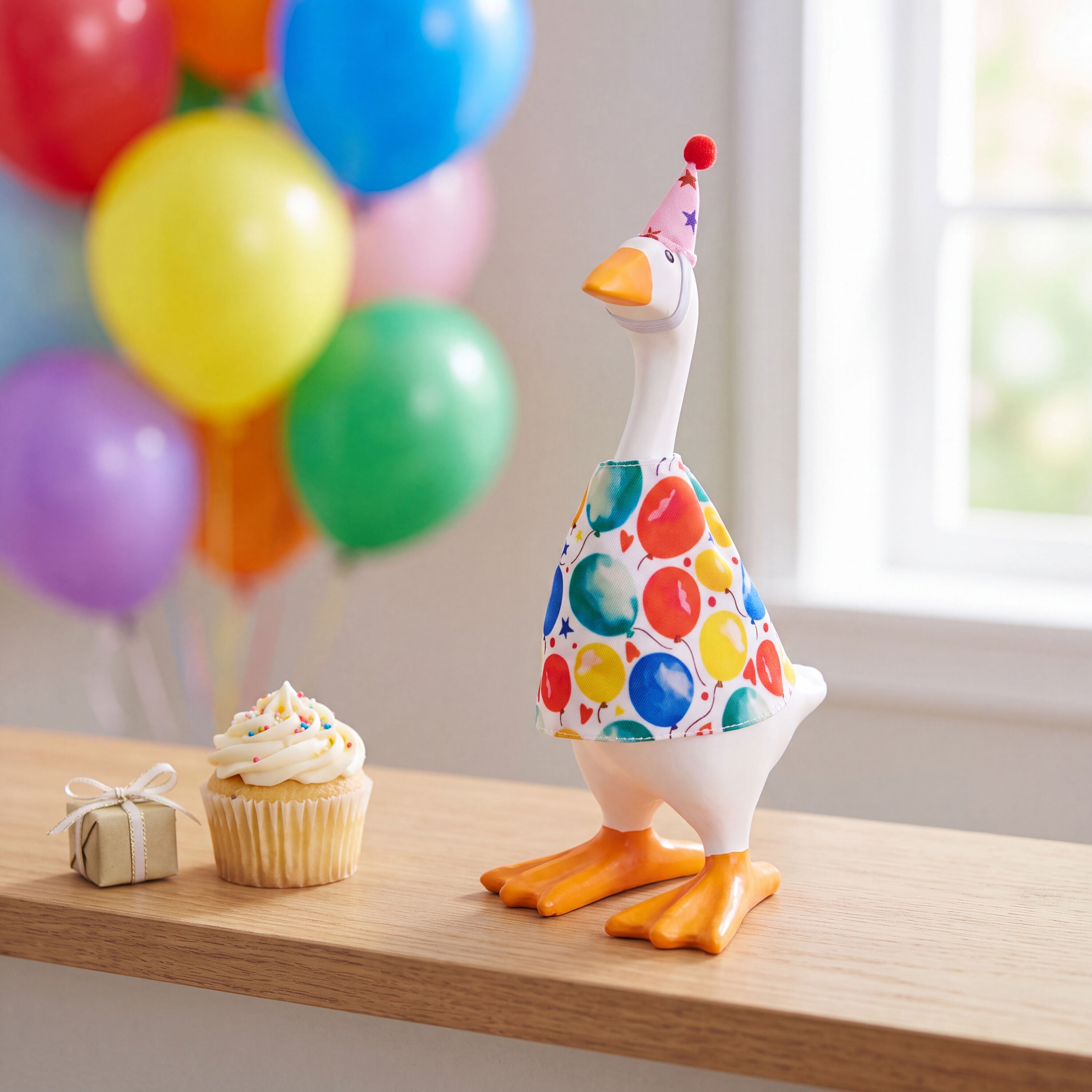 Tabletop fabric Gordy goose wearing the Birthday accessory set