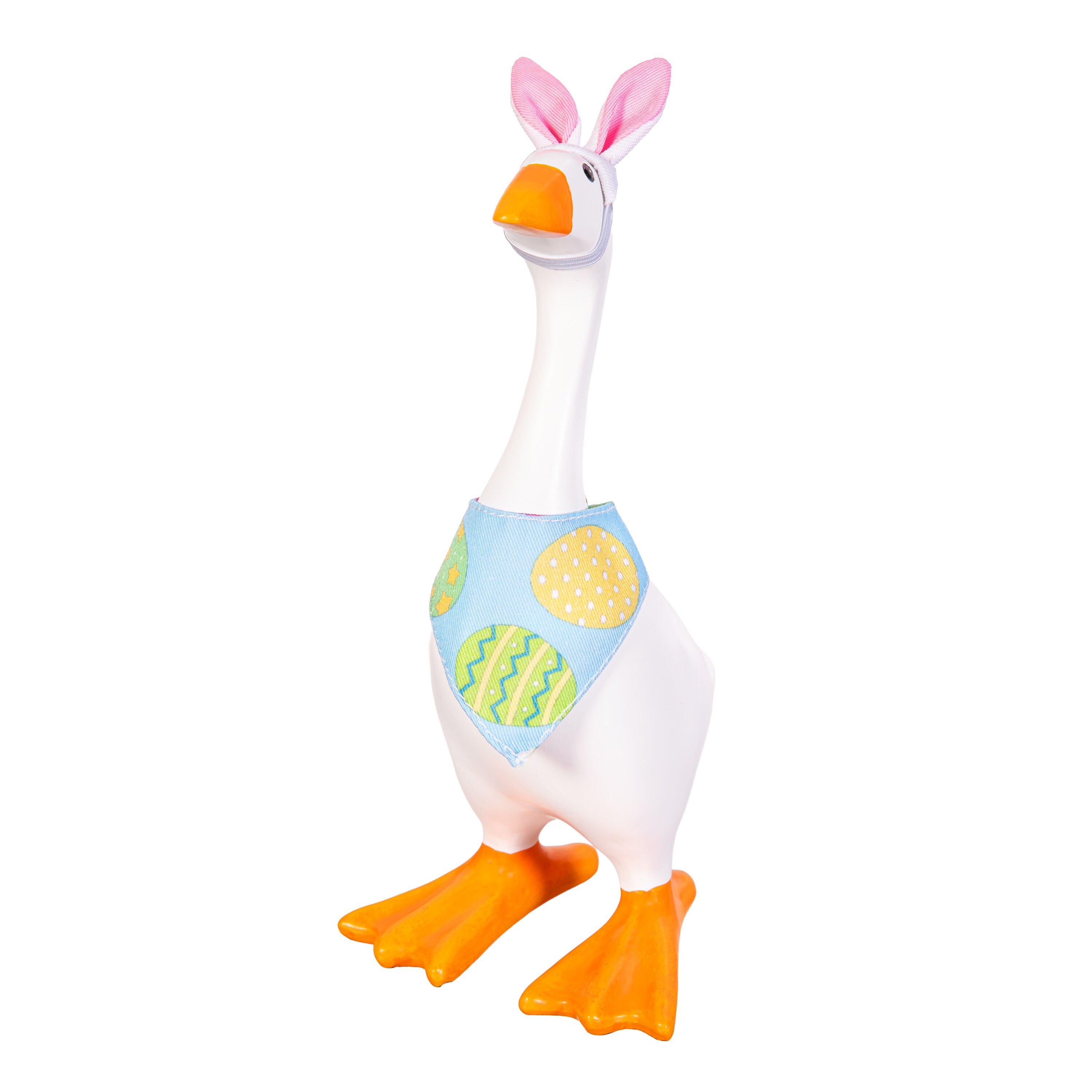 Tabletop fabric Gordy goose wearing the Easter Bunny accessory set
