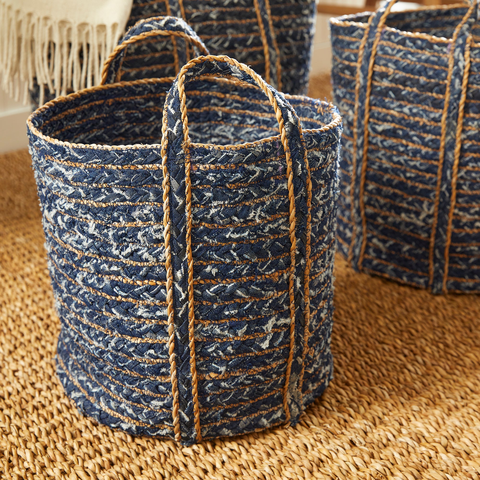 Denim Round Baskets, Set Of 3 - View 10