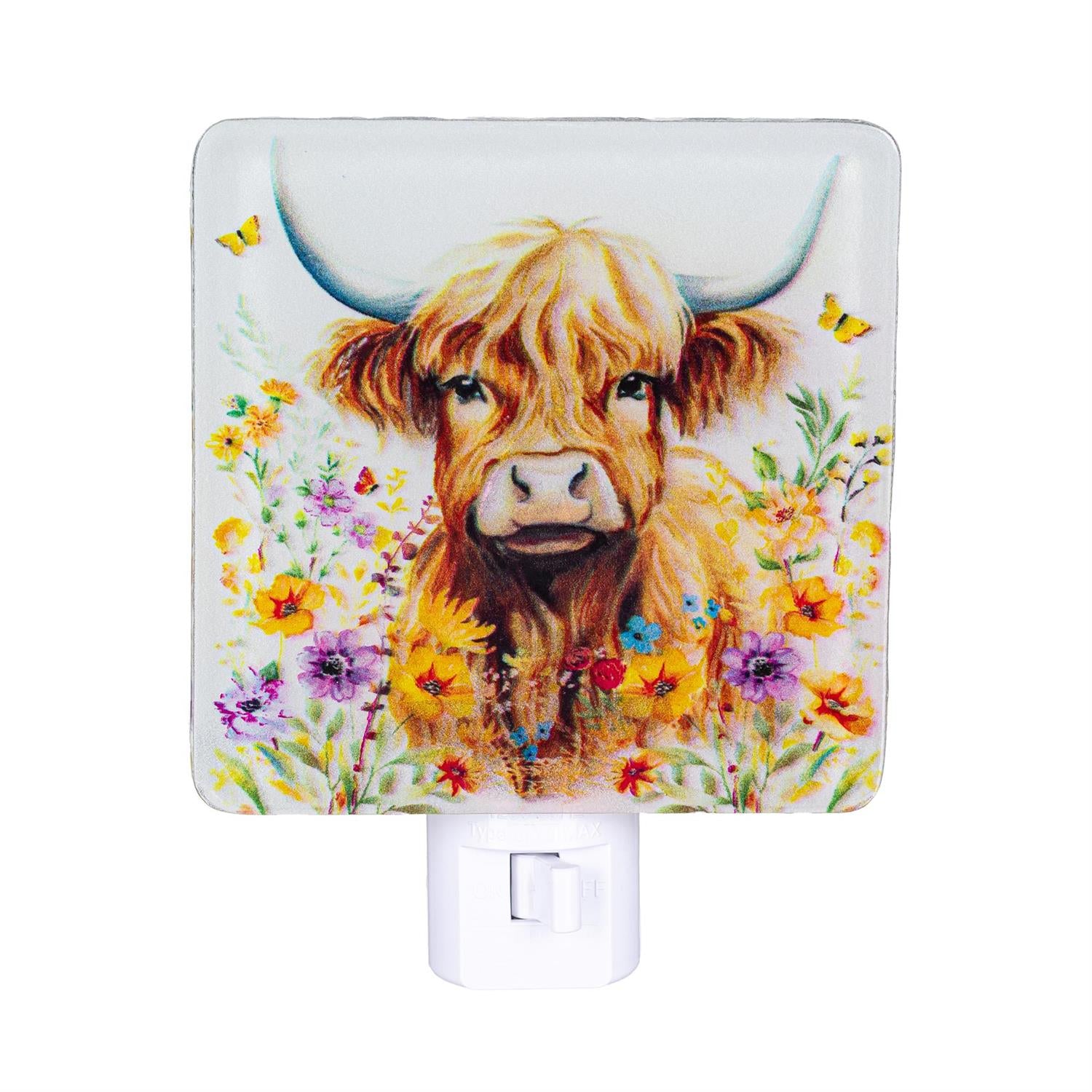 Floral Highland Cow Nightlight Glass Square