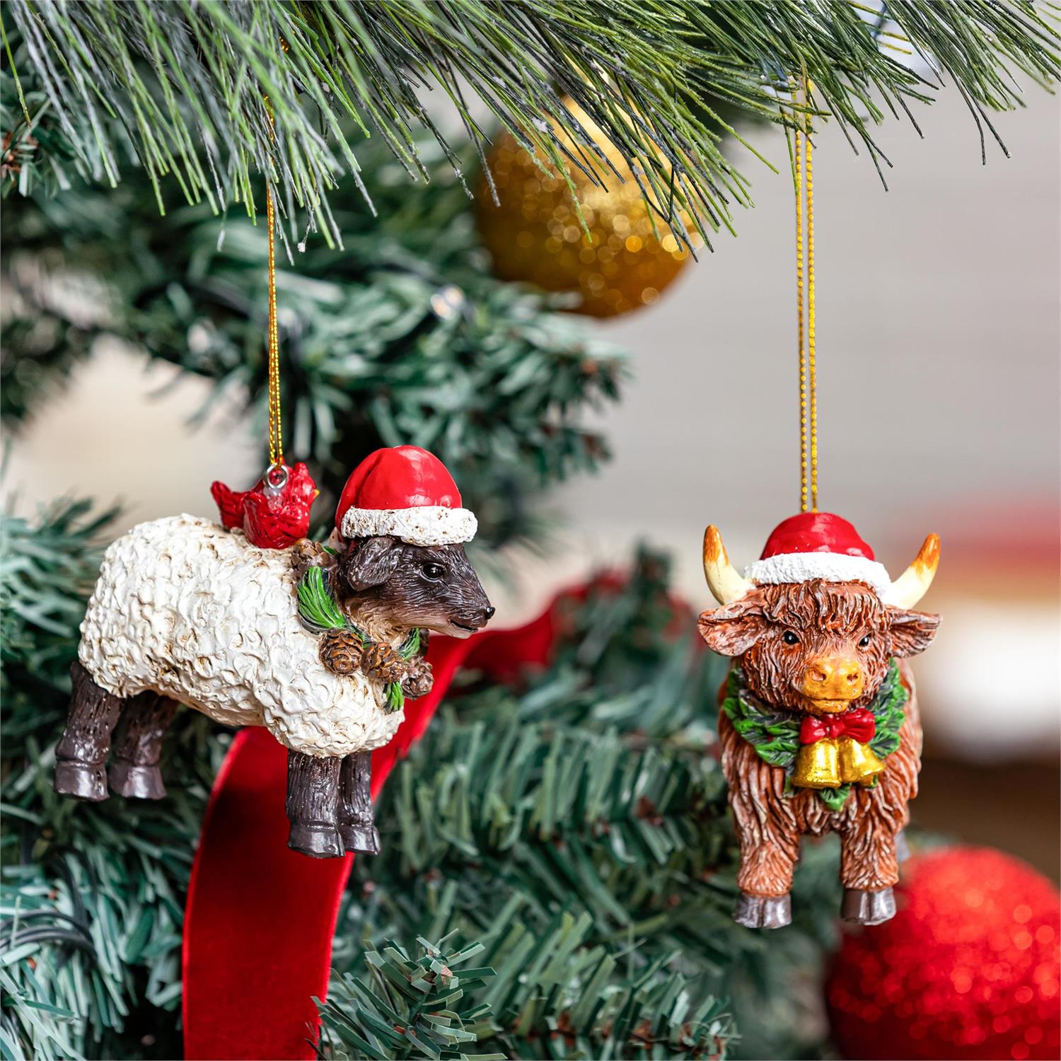 Holly Homestead Ornament Resin Highland Cow and Sheep, 3.25"