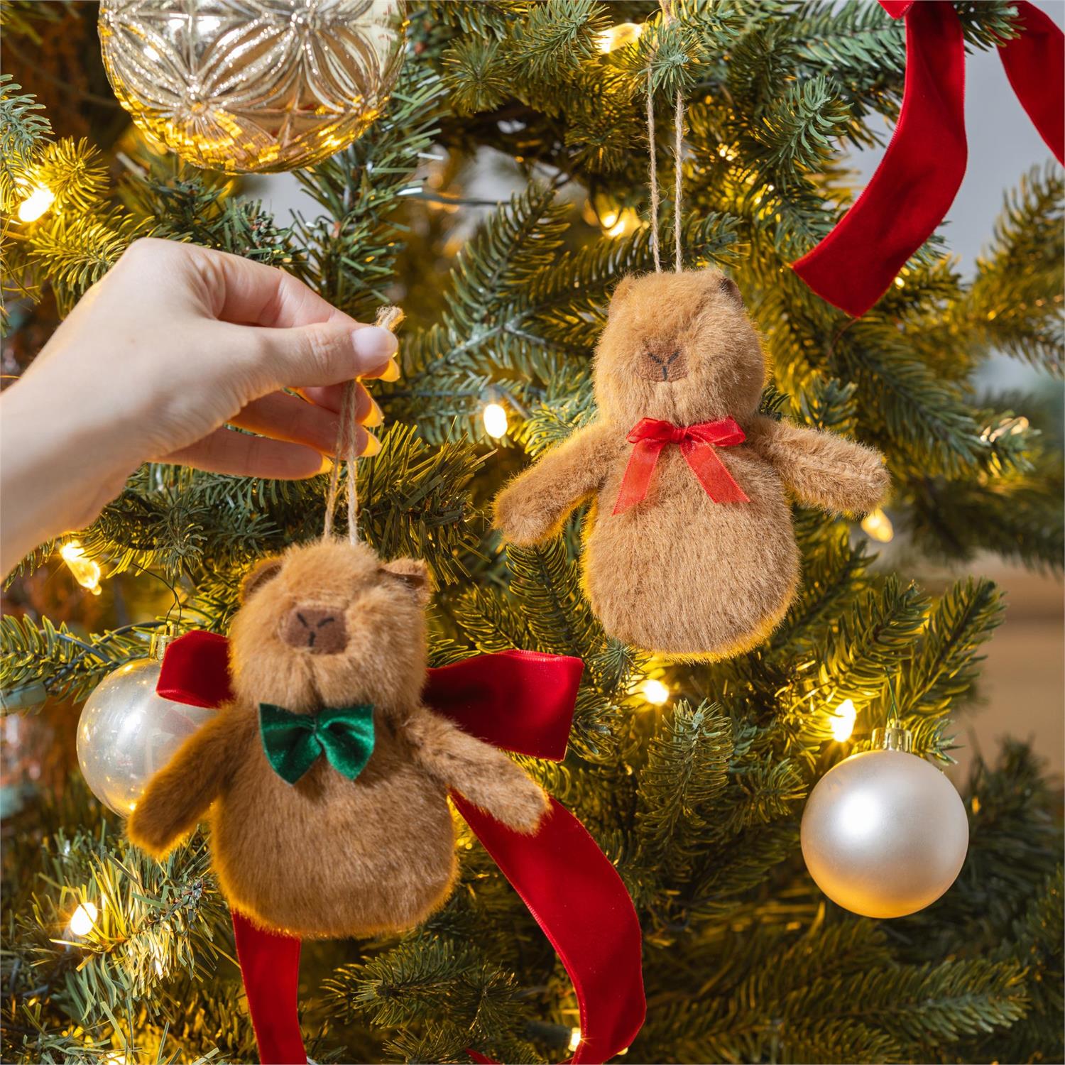 Holly Homestead Fabric Capybara Ornament with Wood Tray