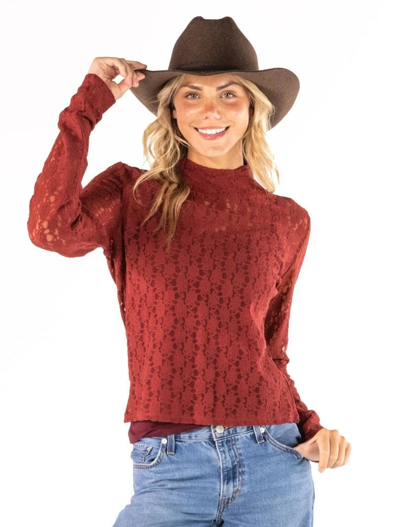 Simply Southern Lace Turtleneck Top - Maroon by Simply Southern