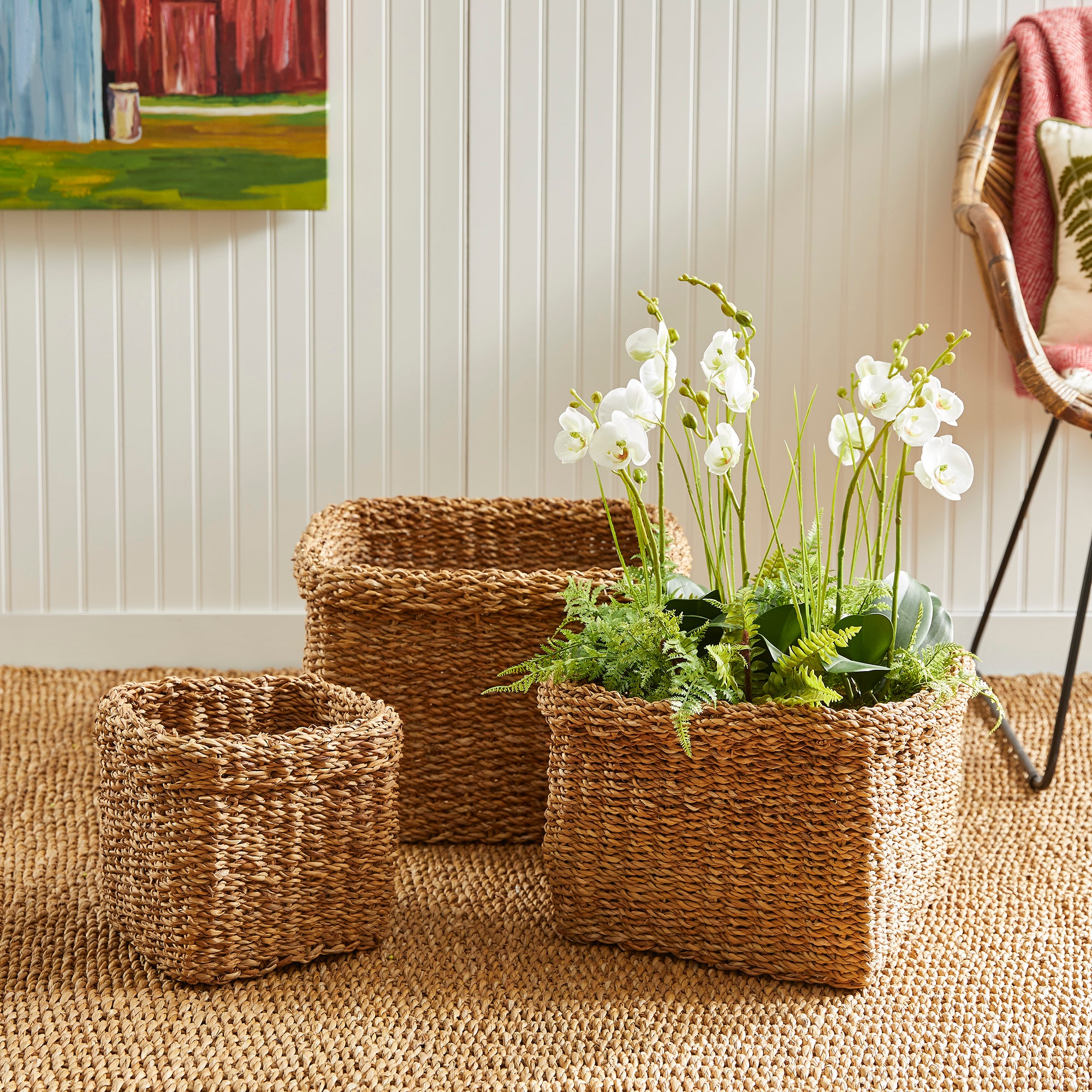 Seagrass Square Baskets With Cuffs, Set Of 3 - View 2