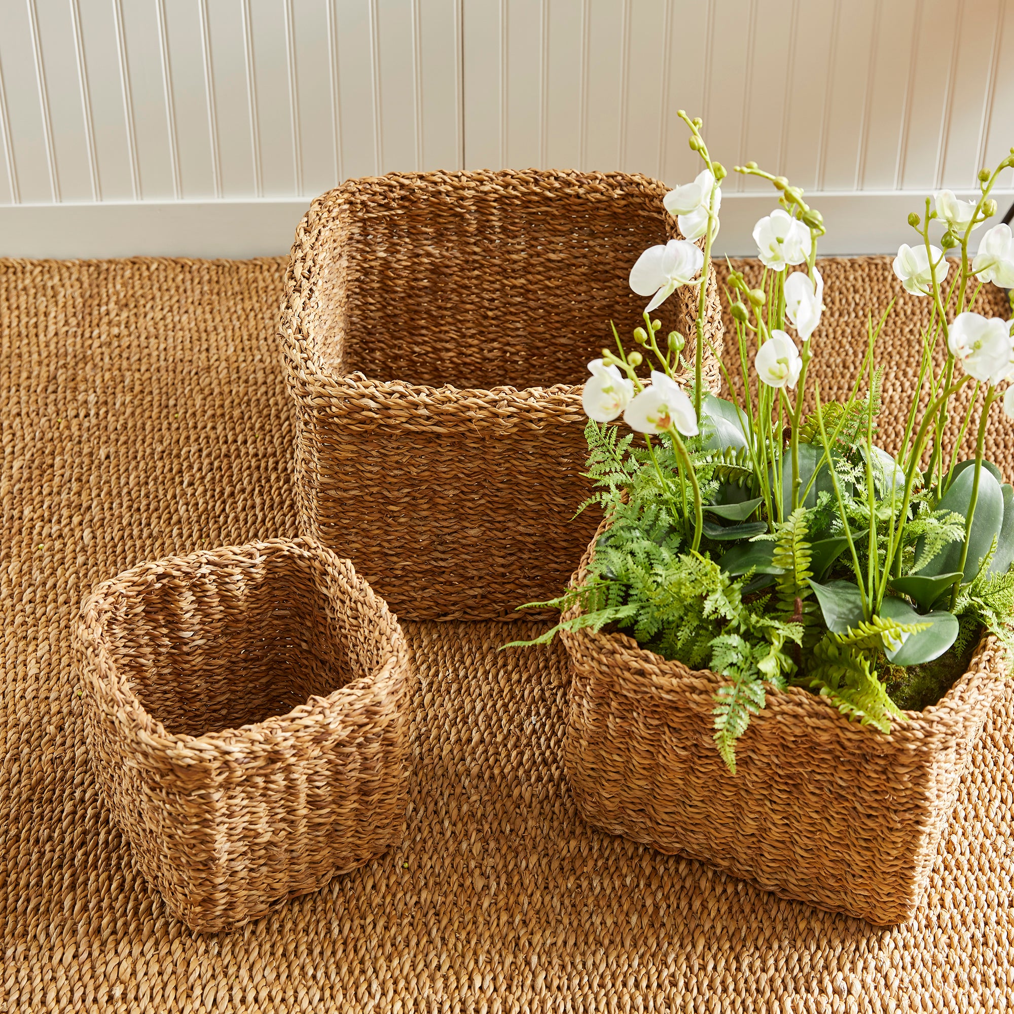 Seagrass Square Baskets With Cuffs, Set Of 3 - View 3