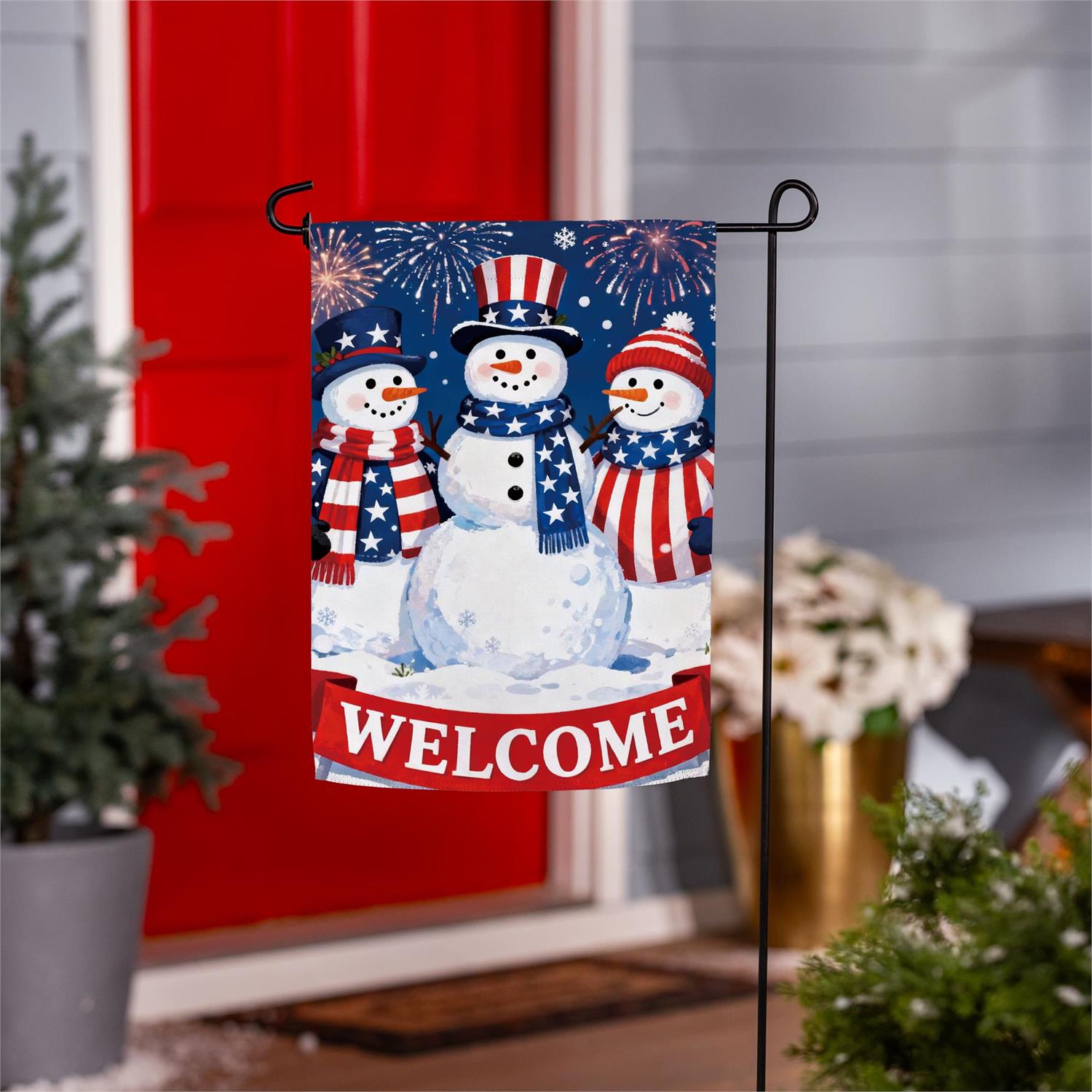 Patriotic Snowman Trio Suede Garden Flag