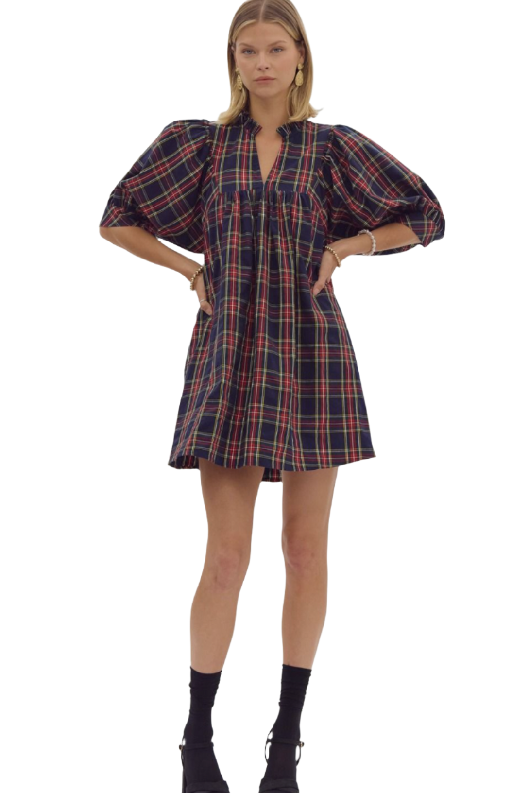 Plaid V-Neck Puff Mini Dress With Pockets - A. Dodson's