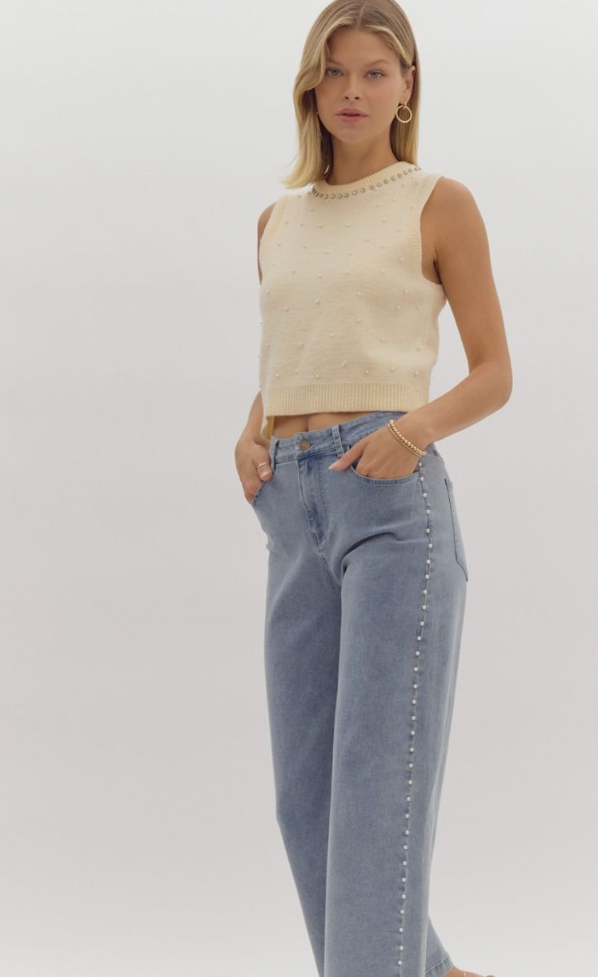 Pearl Detail High Waisted Denim Wide Leg Pants - A. Dodson's