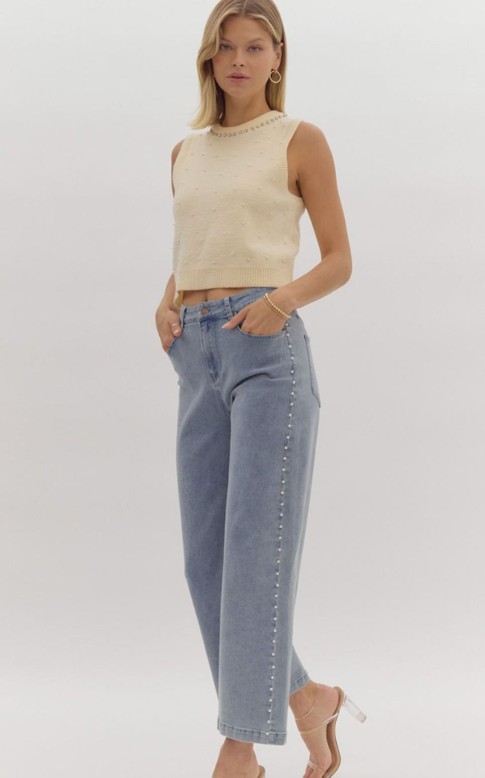 Pearl Detail High Waisted Denim Wide Leg Pants - A. Dodson's