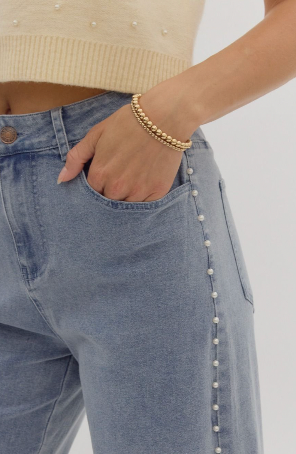 Pearl Detail High Waisted Denim Wide Leg Pants - A. Dodson's