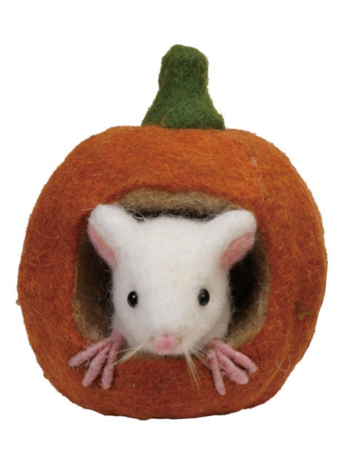 Handmade Wool Felt Pumpkin with Mouse, 2 Styles