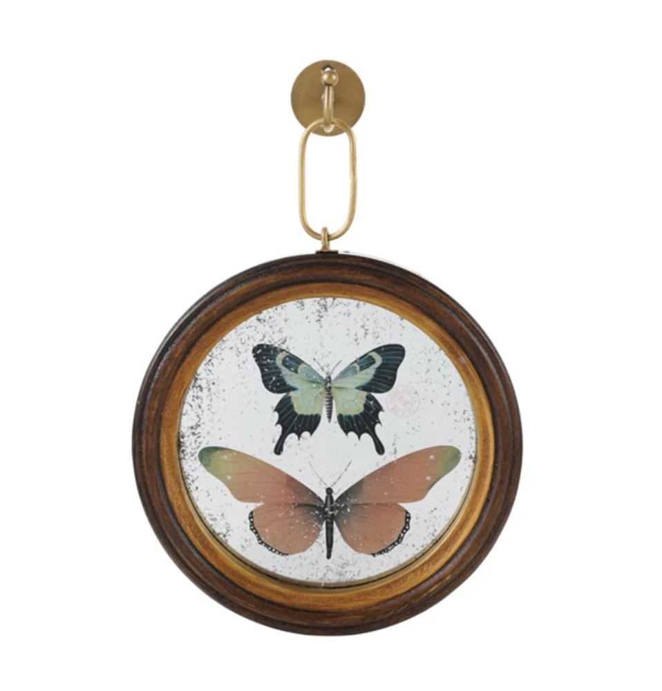 Wood Framed Antique Mirror Wall Decor with Butterflies & Metal Wall Hook