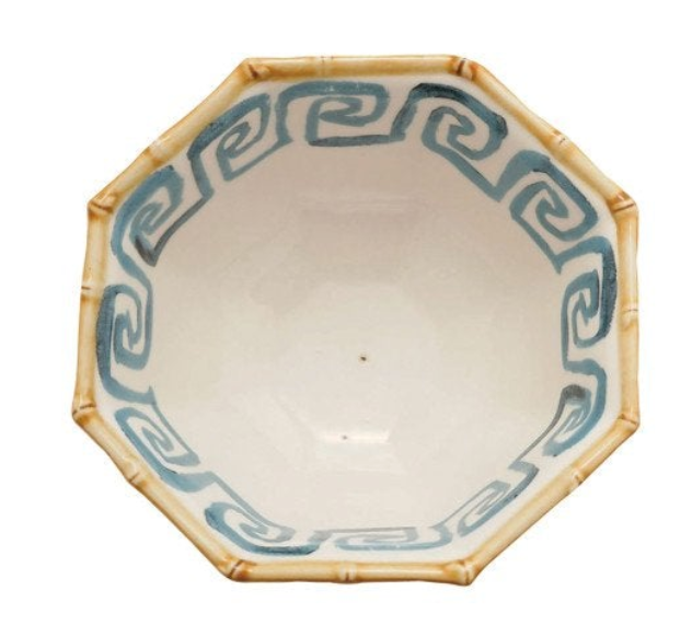 Hand-Painted Stoneware Octagon Shaped Bowl with Pattern & Bamboo Style Rim, 2 Styles