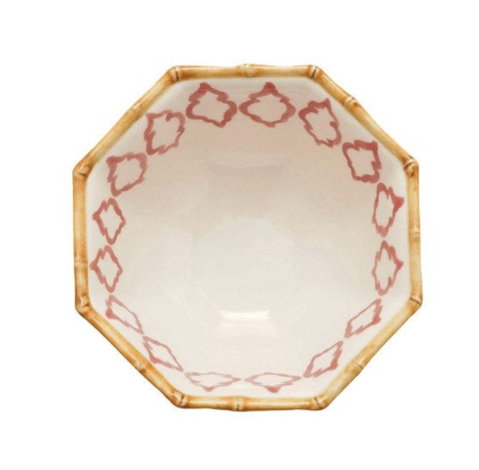 Hand-Painted Stoneware Octagon Shaped Bowl with Pattern & Bamboo Style Rim, 2 Styles
