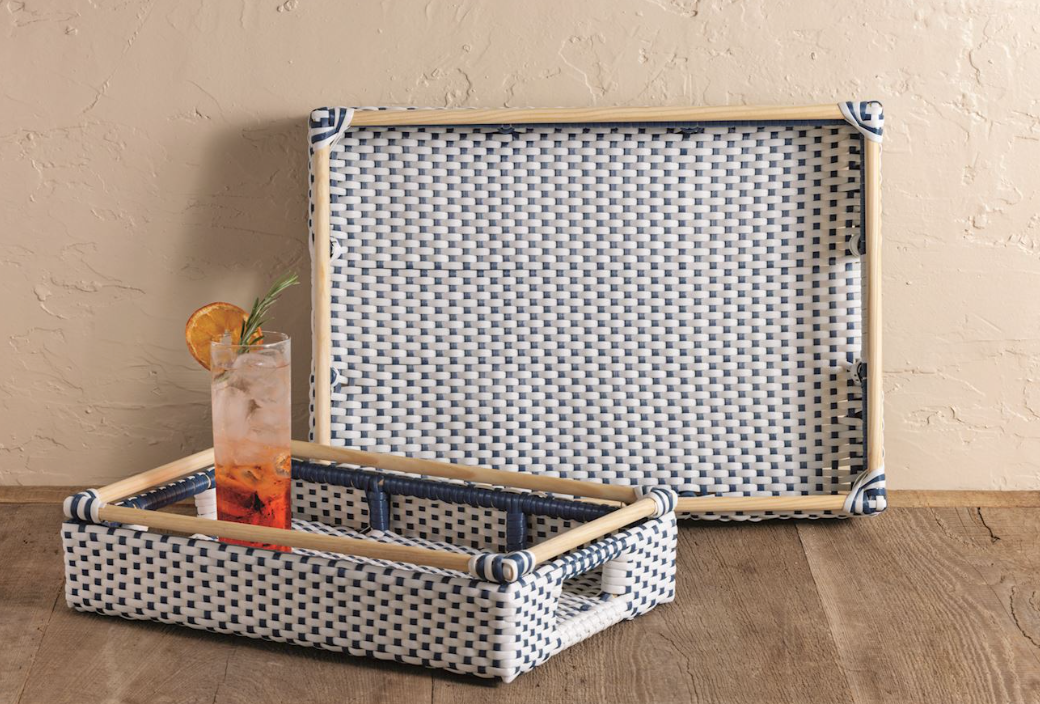 Rattan Plastic Blue White Tray
