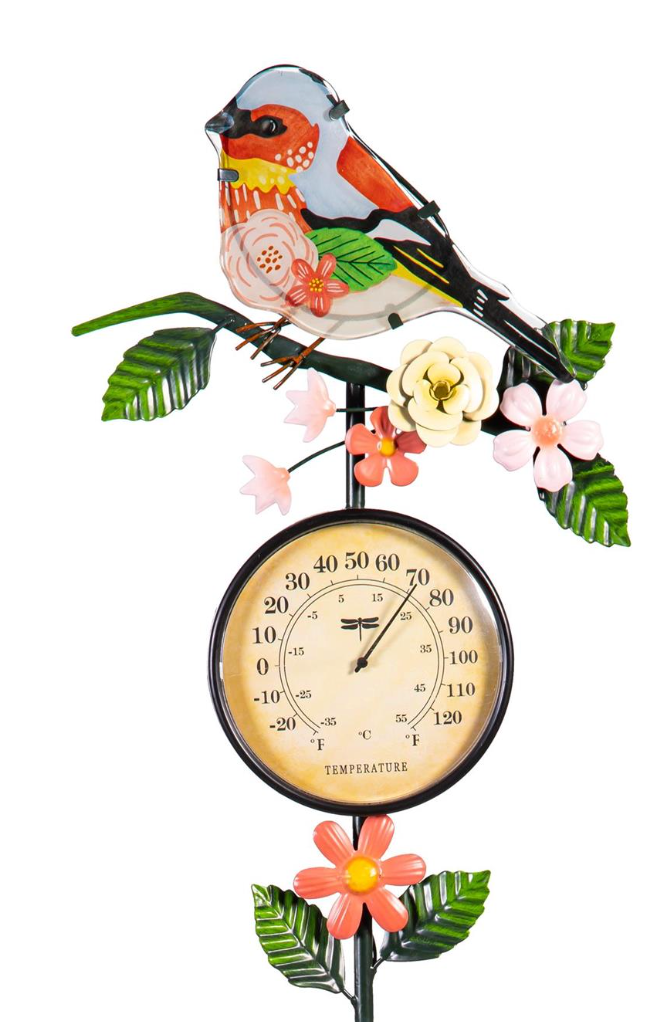 Metal Garden Bird Stake With Thermometer