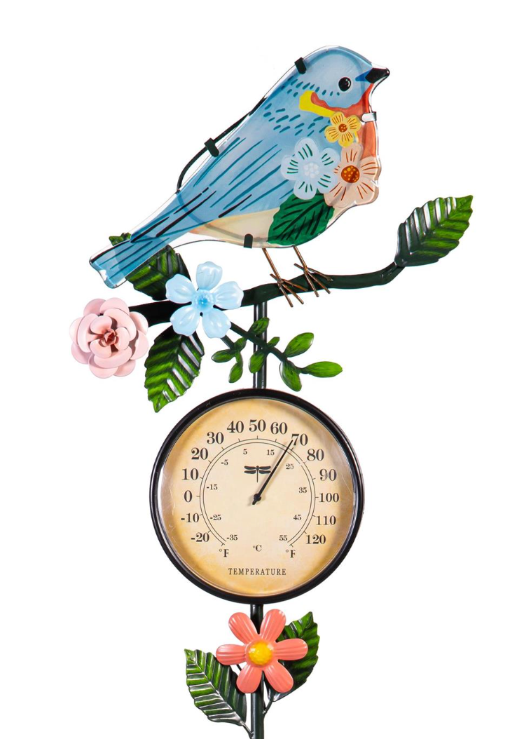 Metal Garden Bird Stake With Thermometer