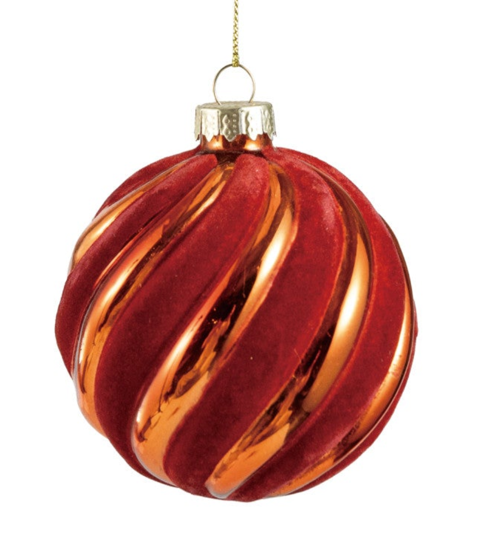 Glass Ball Ornament with Flocked Stripes, Burgundy & Copper Finish, 2 Styles