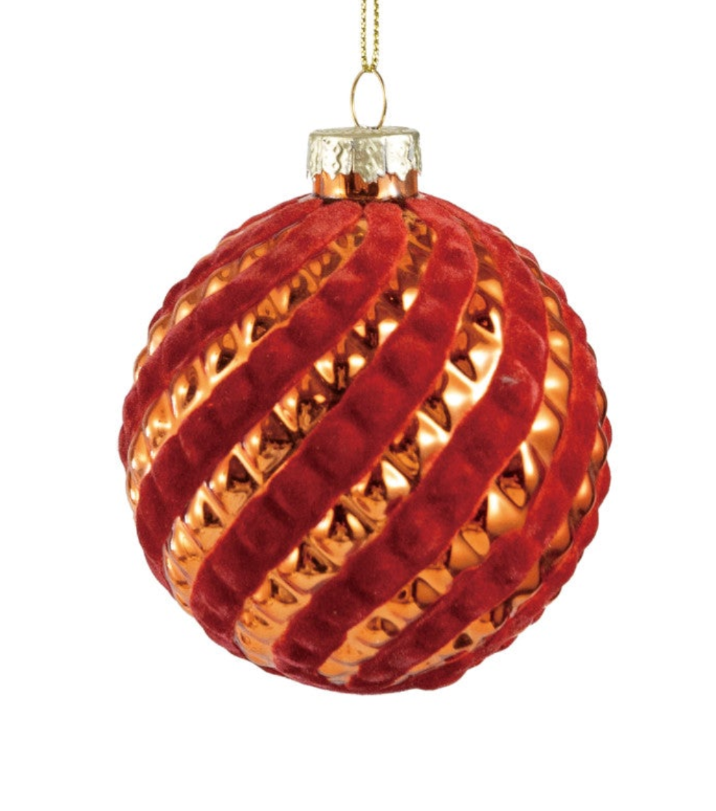 Glass Ball Ornament with Flocked Stripes, Burgundy & Copper Finish, 2 Styles