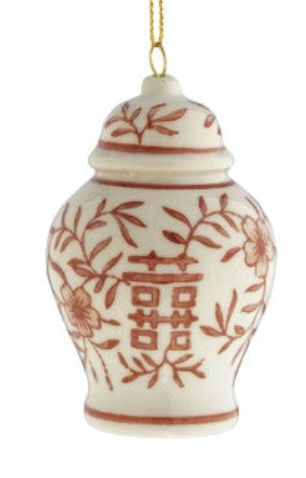 Hand-Painted Stoneware Ginger Jar Ornament, Burgundy & White, 6 Styles