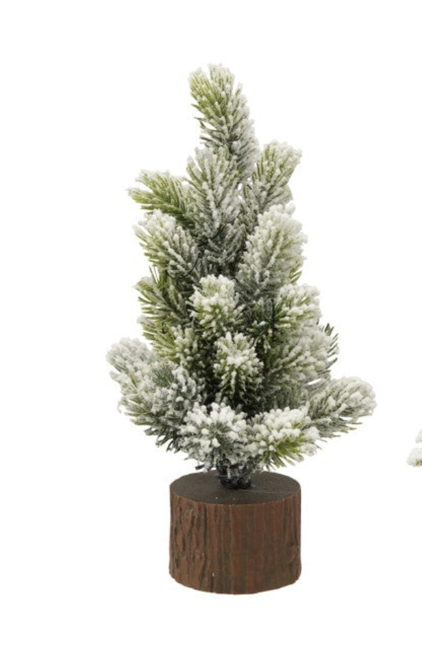 Plastic Tree with Faux Wood Slice Base & LED Light, Snow Finish, 3 Styles