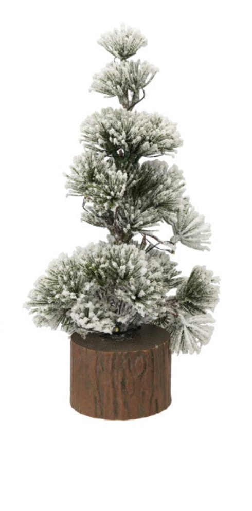 Plastic Tree with Faux Wood Slice Base & LED Light, Snow Finish, 3 Styles