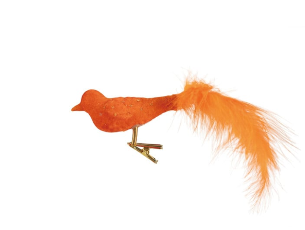 Hand-Painted Glass & Feather Clip-on Bird Ornament, Orange Color