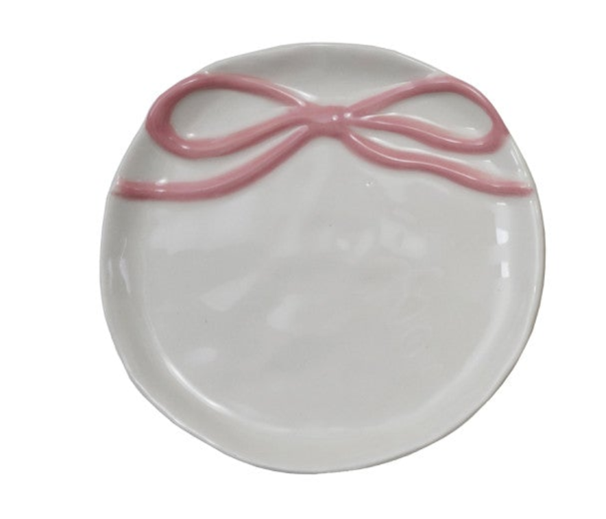 4-1/4" Round Stoneware Dish with Bow, 4 Colors