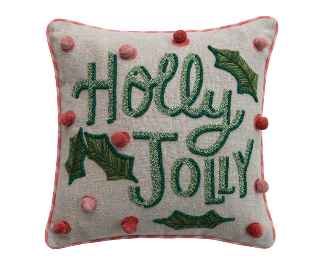 18" Square Linen Printed Pillow with Saying, Embroidery & Ric Rac Trim, 2 Styles