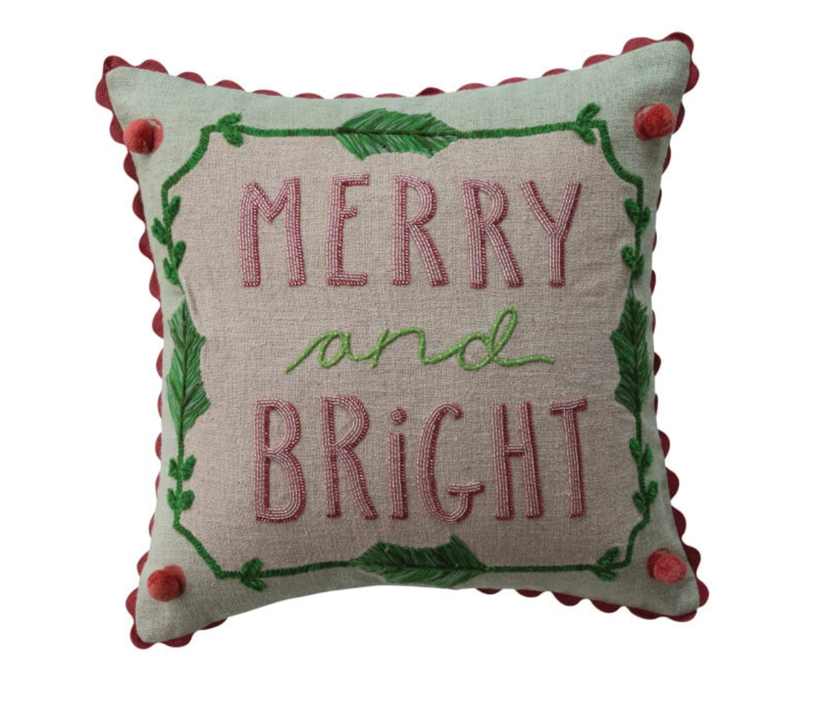 18" Square Linen Printed Pillow with Saying, Embroidery & Ric Rac Trim, 2 Styles