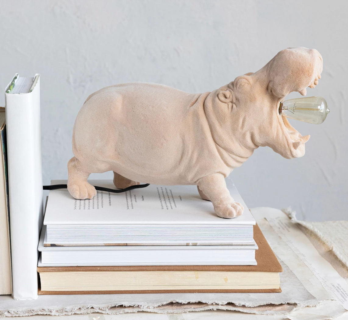 Flocked Resin Hippo Table Lamp w/ Inline Switch - A. Dodson's