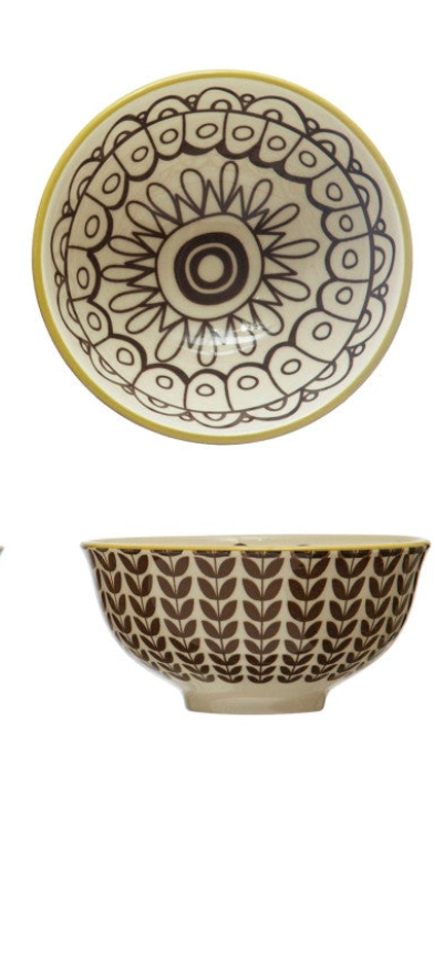 Stoneware Bowl w/ Pattern, 4 Colors