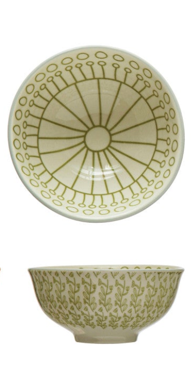 Stoneware Bowl w/ Pattern, 4 Colors