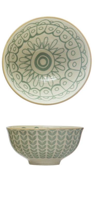 Stoneware Bowl w/ Pattern, 4 Colors