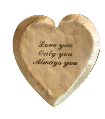 Decorative Hammered Brass Heart Shaped Dish w/ Laser Etched Saying, 3 Styles