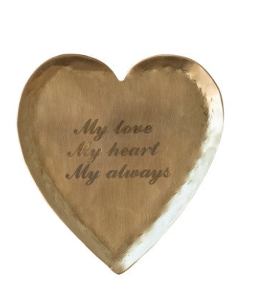 Decorative Hammered Brass Heart Shaped Dish w/ Laser Etched Saying, 3 Styles