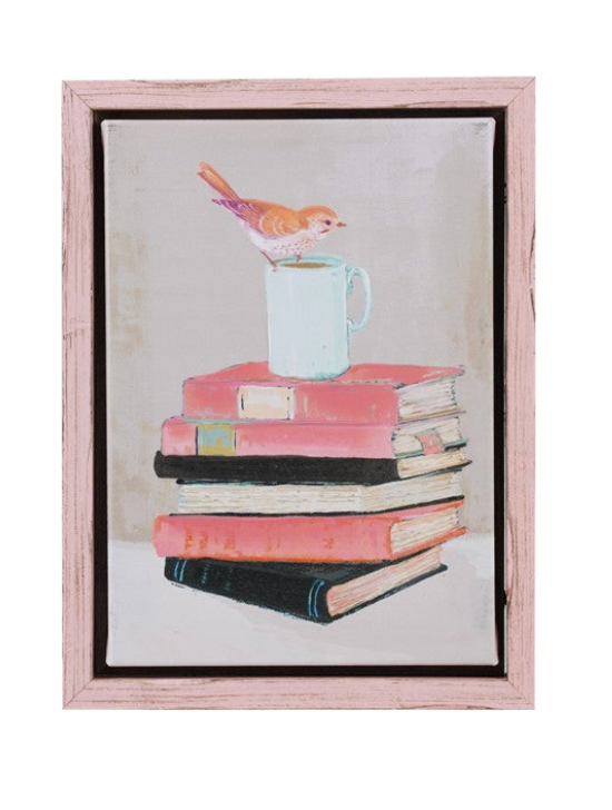 Wood Framed Hand-Painted Canvas Wall Decor with Bird & Mugs/Books, 4 Styles