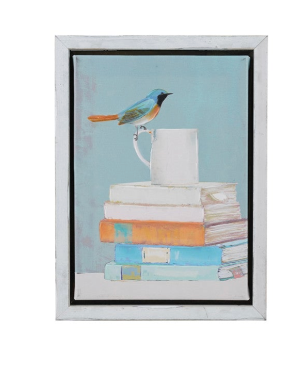 Wood Framed Hand-Painted Canvas Wall Decor with Bird & Mugs/Books, 4 Styles
