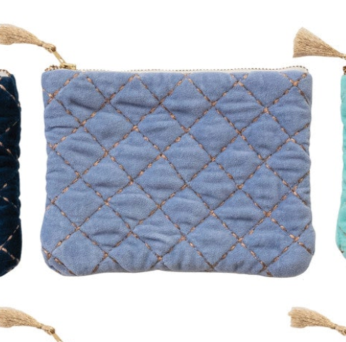 Quilted Cotton Velvet Zip Pouch w/ Metallic Thread Embroidery & Tassel, 6 Colors