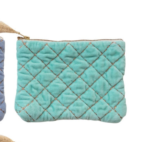 Quilted Cotton Velvet Zip Pouch w/ Metallic Thread Embroidery & Tassel, 6 Colors