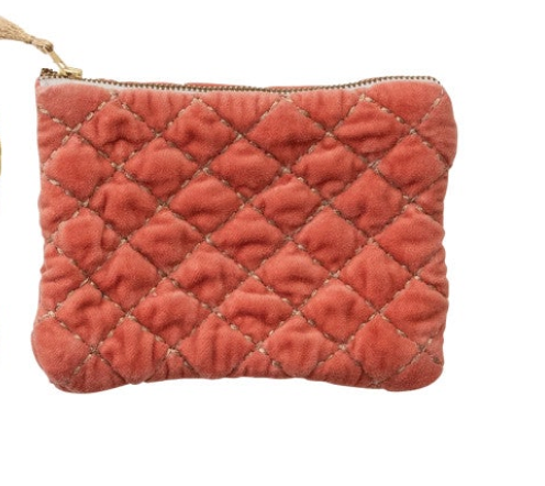 Quilted Cotton Velvet Zip Pouch w/ Metallic Thread Embroidery & Tassel, 6 Colors