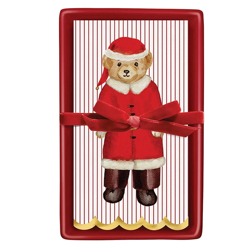 Red ceramic guest napkin tray with Merry Bear napkins and a velvet bow