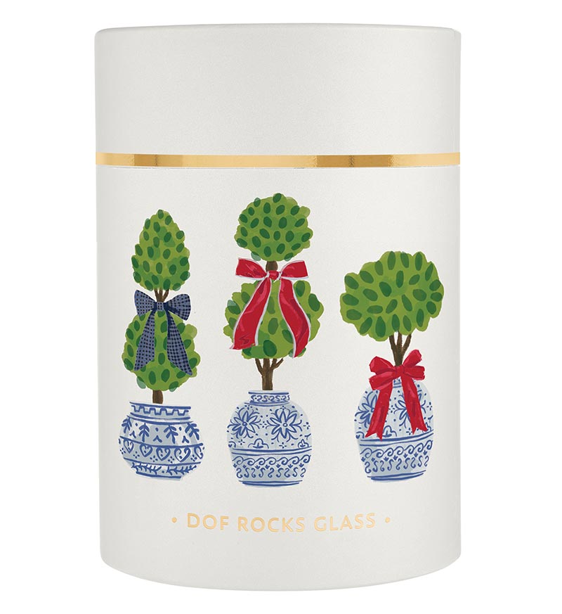 Christmas Topiaries DOF glass styled on a bar cart