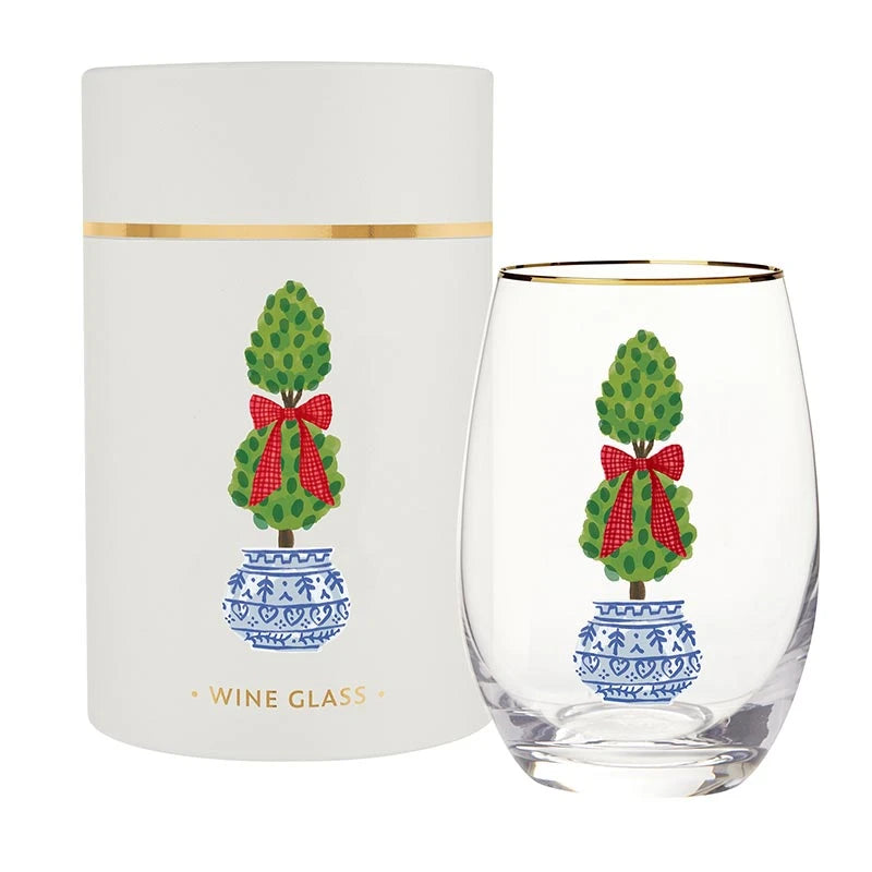 Stemless Wine Glass - Christmas Topiary