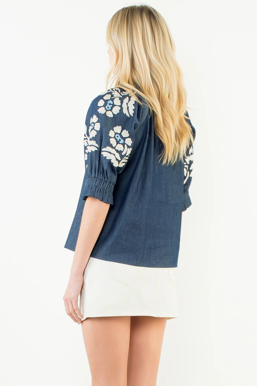 Puff Sleeve Floral Embroldery Detail Top