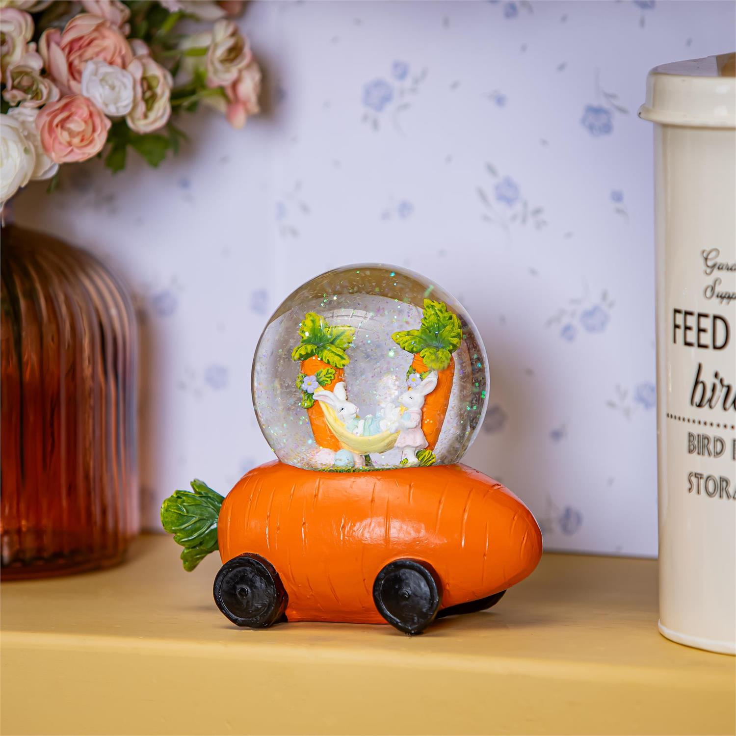 Water Globe Carrot Car with Easter Bunny Scene 6.5"L